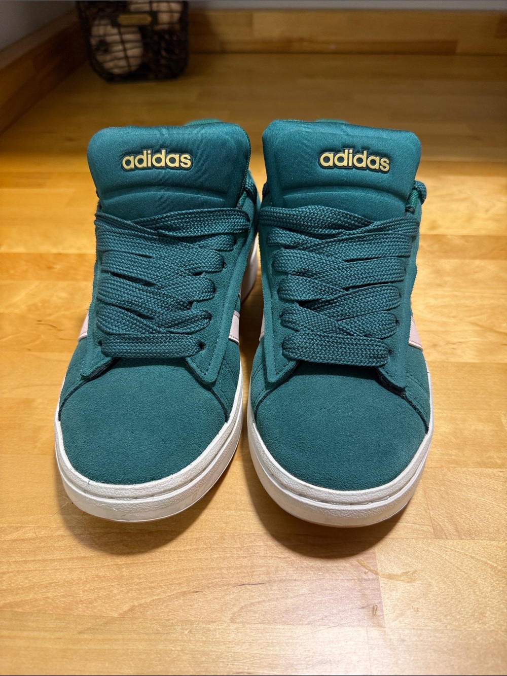 adidas women’s Teal Suede Low-Top Sneakers with Pink Accent